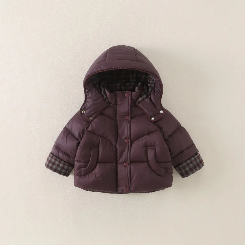 2026 New Winter Minimalist Children's Hooded Plaid Warm and Thickened Concealed Button Cotton Jacket