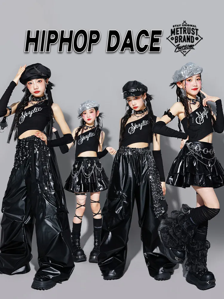 Girls K-pop Crop Top Shiny Cargo Pants Street Dance Skirts Kids Hip Hop Jazz Girl Group Clothes Sets Children Streetwear Costume