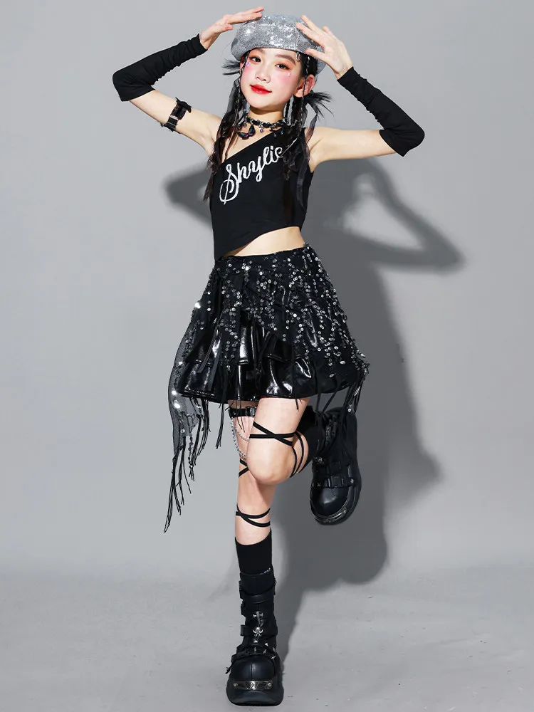 Girls K-pop Crop Top Shiny Cargo Pants Street Dance Skirts Kids Hip Hop Jazz Girl Group Clothes Sets Children Streetwear Costume