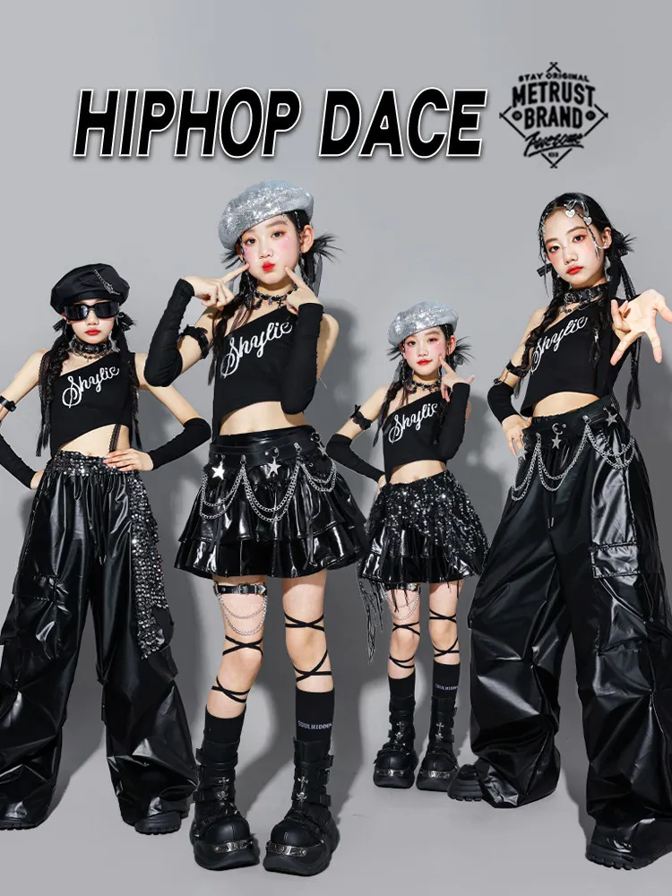 Girls K-pop Crop Top Shiny Cargo Pants Street Dance Skirts Kids Hip Hop Jazz Girl Group Clothes Sets Children Streetwear Costume