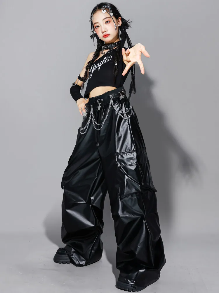 Girls K-pop Crop Top Shiny Cargo Pants Street Dance Skirts Kids Hip Hop Jazz Girl Group Clothes Sets Children Streetwear Costume
