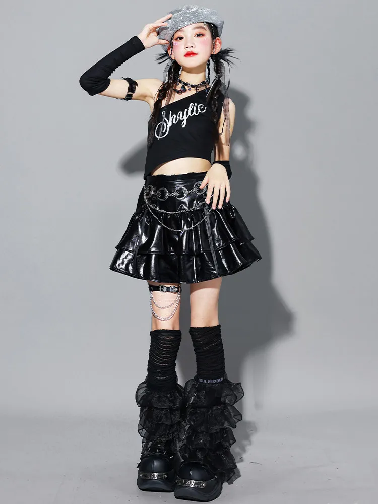 Girls K-pop Crop Top Shiny Cargo Pants Street Dance Skirts Kids Hip Hop Jazz Girl Group Clothes Sets Children Streetwear Costume