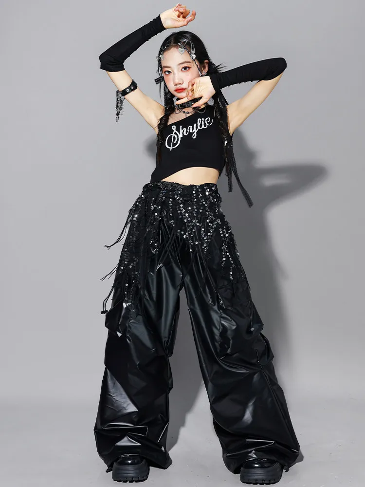 Girls K-pop Crop Top Shiny Cargo Pants Street Dance Skirts Kids Hip Hop Jazz Girl Group Clothes Sets Children Streetwear Costume