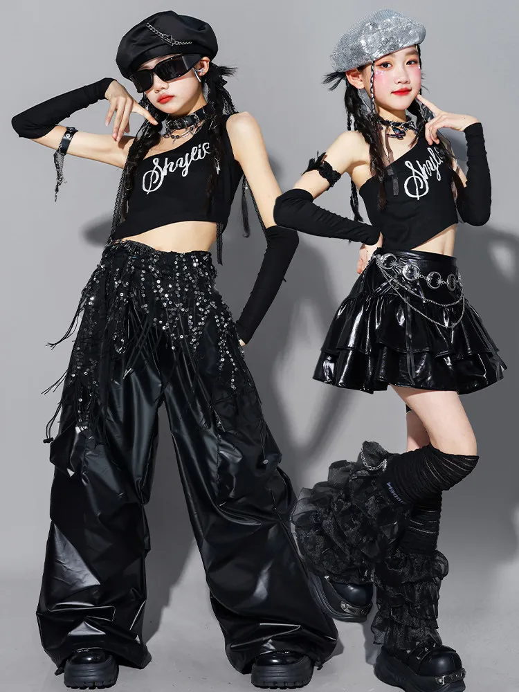 Girls K-pop Crop Top Shiny Cargo Pants Street Dance Skirts Kids Hip Hop Jazz Girl Group Clothes Sets Children Streetwear Costume
