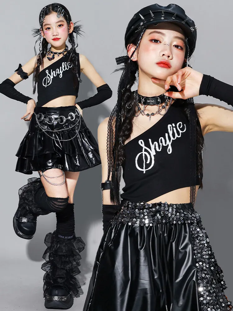 Girls K-pop Crop Top Shiny Cargo Pants Street Dance Skirts Kids Hip Hop Jazz Girl Group Clothes Sets Children Streetwear Costume