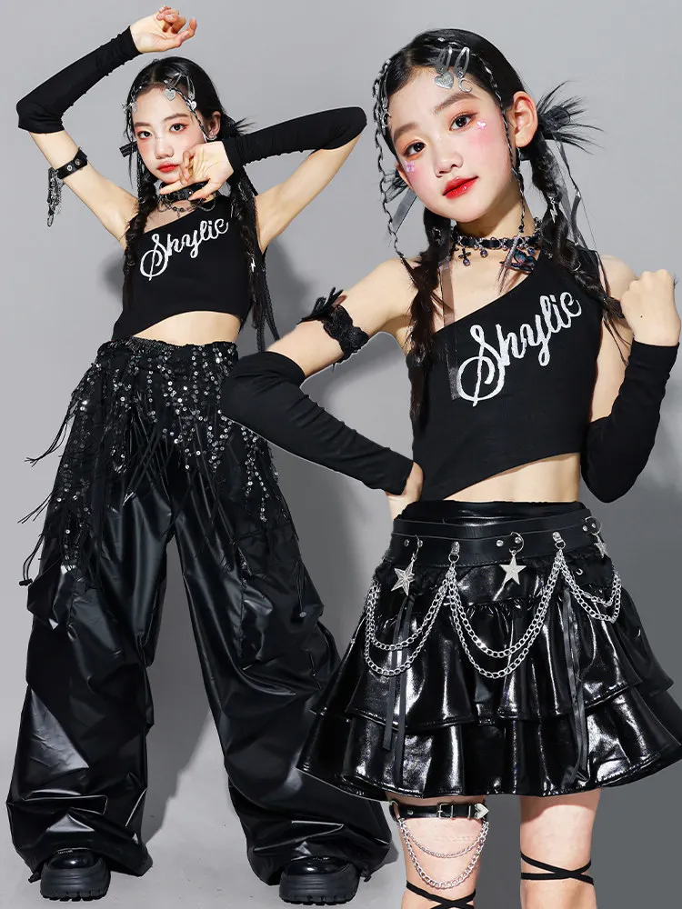 Girls K-pop Crop Top Shiny Cargo Pants Street Dance Skirts Kids Hip Hop Jazz Girl Group Clothes Sets Children Streetwear Costume