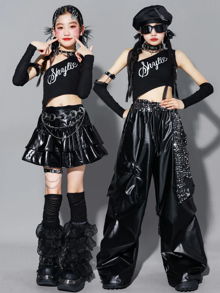 Girls K-pop Crop Top Shiny Cargo Pants Street Dance Skirts Kids Hip Hop Jazz Girl Group Clothes Sets Children Streetwear Costume
