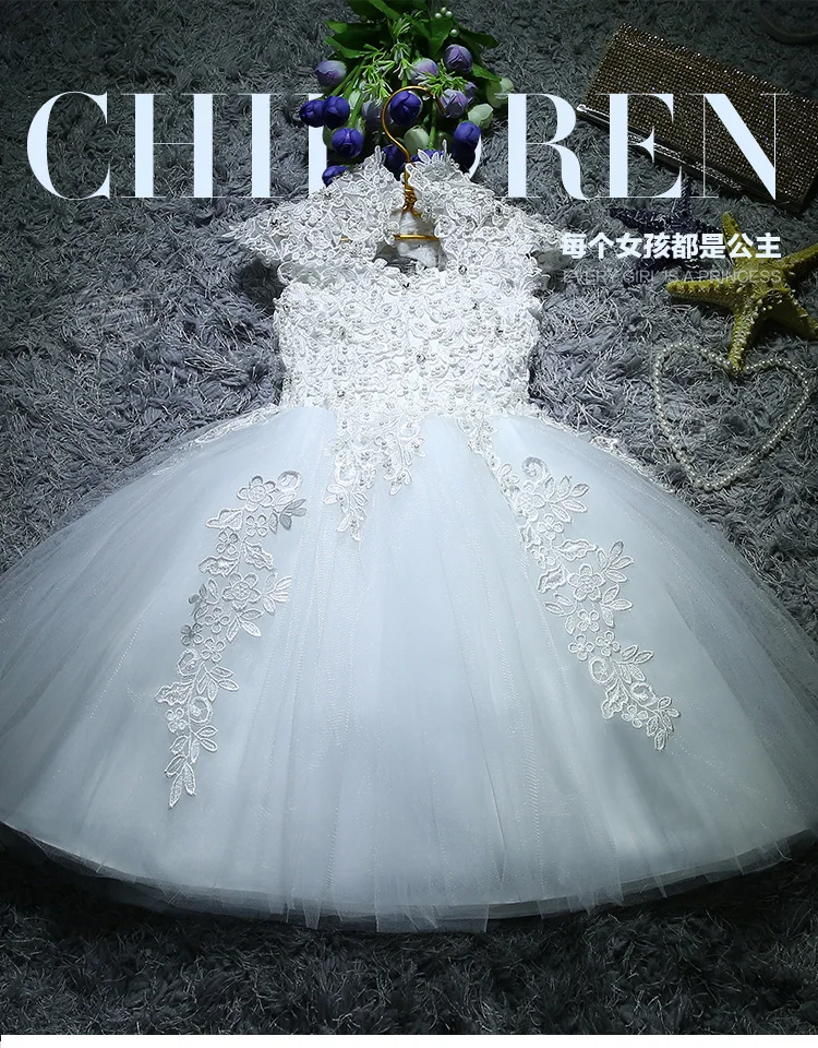 Sequin Lace Girl Summer Dress Flower Girl Wedding Dresses White Tulle Girl Party Princess Birthday Dress First Communion Gown