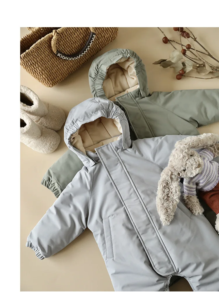 2026 Winter Baby Rompers Print Toddler Baby Clothing Thick Hooded Infant Baby One-Pieces Bodysuits Jumpsuit Outdoor Warm
