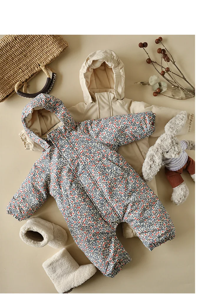 2026 Winter Baby Rompers Print Toddler Baby Clothing Thick Hooded Infant Baby One-Pieces Bodysuits Jumpsuit Outdoor Warm
