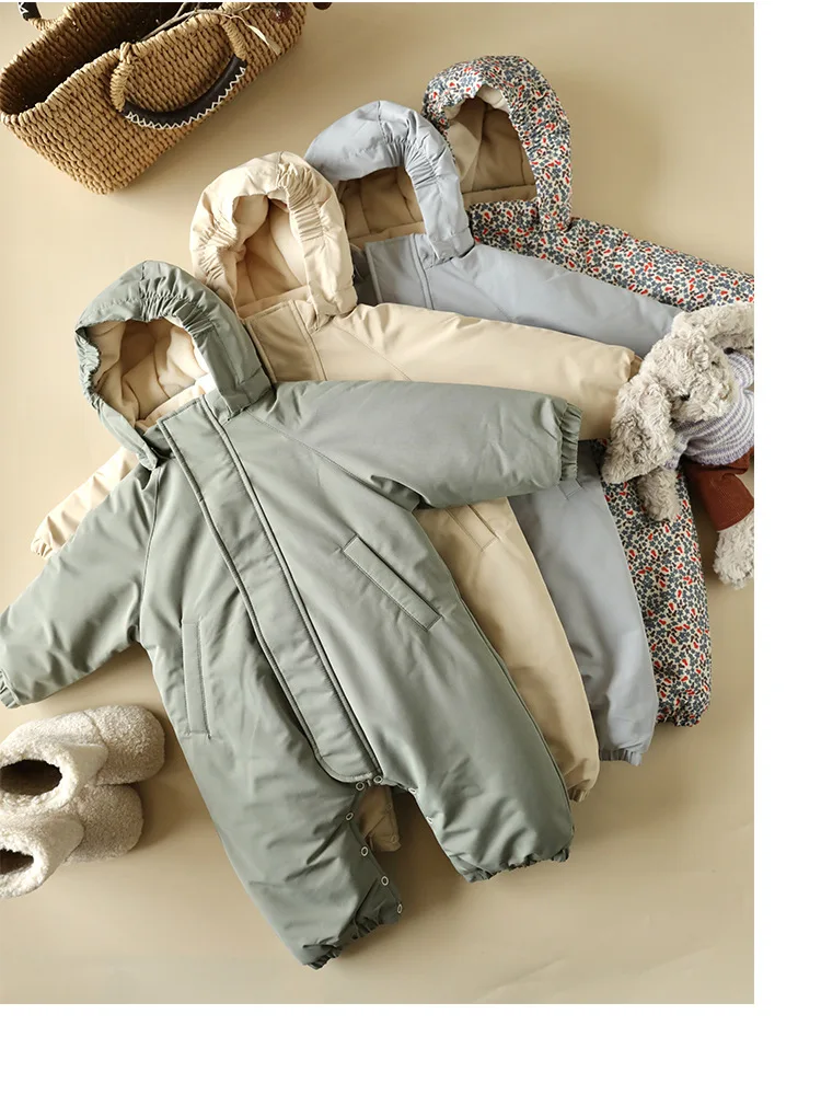 2026 Winter Baby Rompers Print Toddler Baby Clothing Thick Hooded Infant Baby One-Pieces Bodysuits Jumpsuit Outdoor Warm