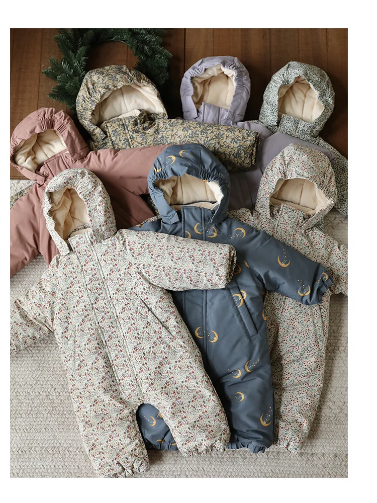 2026 Winter Baby Rompers Print Toddler Baby Clothing Thick Hooded Infant Baby One-Pieces Bodysuits Jumpsuit Outdoor Warm
