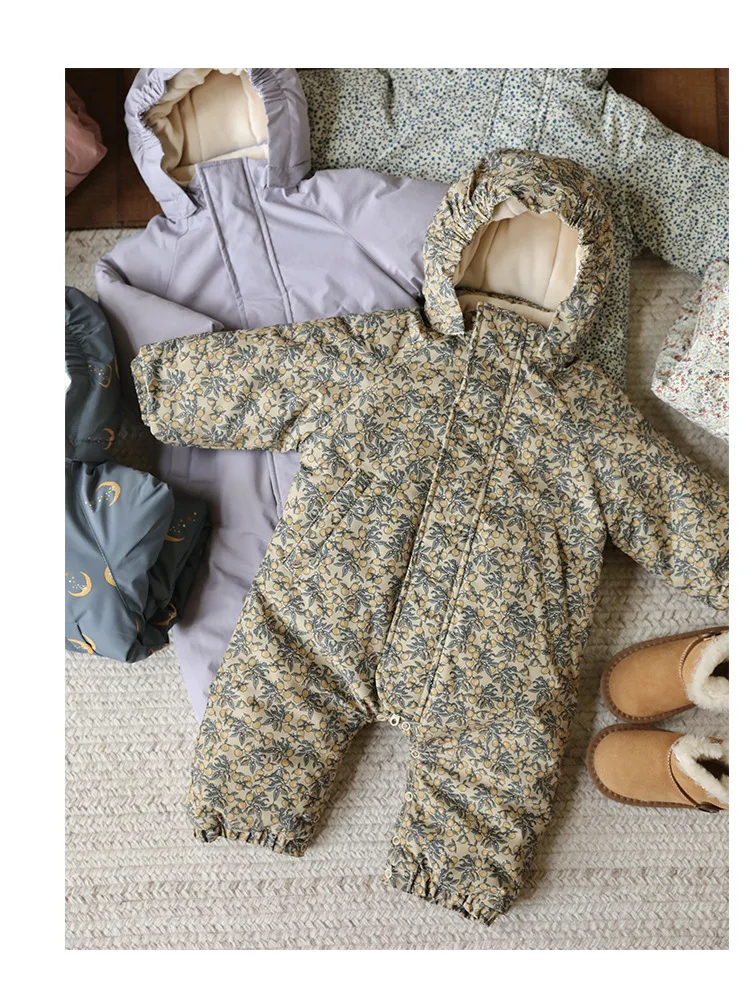 2026 Winter Baby Rompers Print Toddler Baby Clothing Thick Hooded Infant Baby One-Pieces Bodysuits Jumpsuit Outdoor Warm
