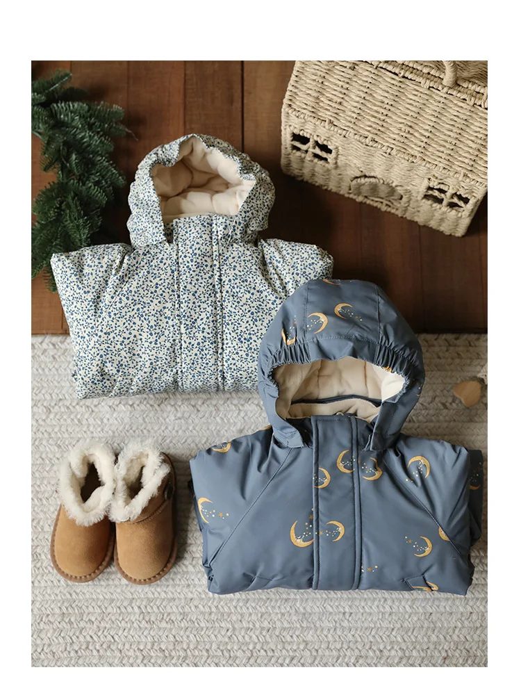 2026 Winter Baby Rompers Print Toddler Baby Clothing Thick Hooded Infant Baby One-Pieces Bodysuits Jumpsuit Outdoor Warm