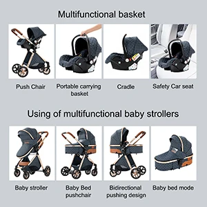 3-in-1 Light Baby Stroller Baby Pram Can Sit and Recline With Car Seat Foldable Baby Pushchair Newborn Travel System for Air Travel and Long trip With Storage Basket Baby Buggy High landscape Baby Carriage