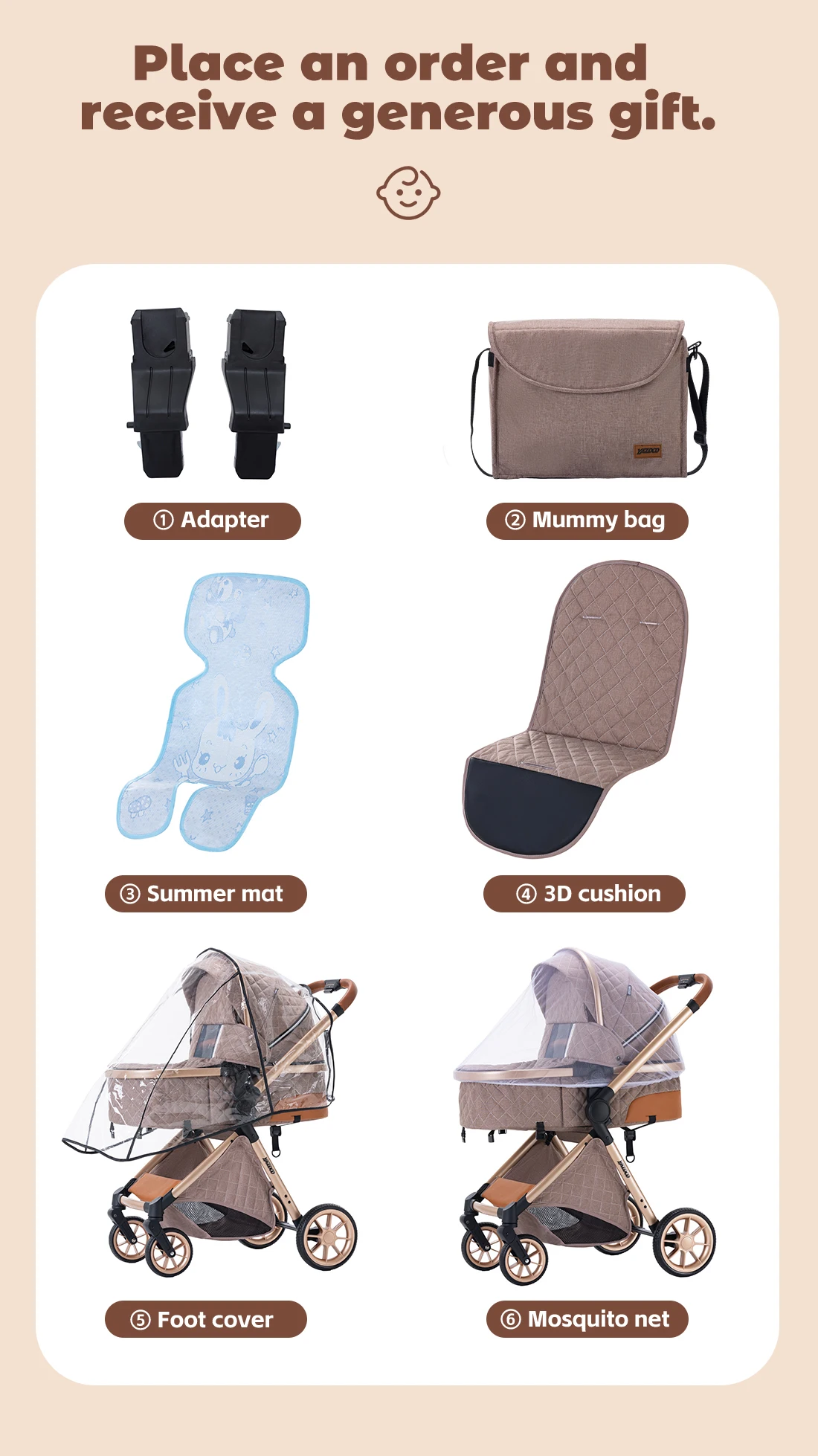 3 in 1 Luxurious Elevated View Baby Stroller Aluminum Frame Foldable Travel Pram Multi‑Position Recline Newborn Infant Stroller