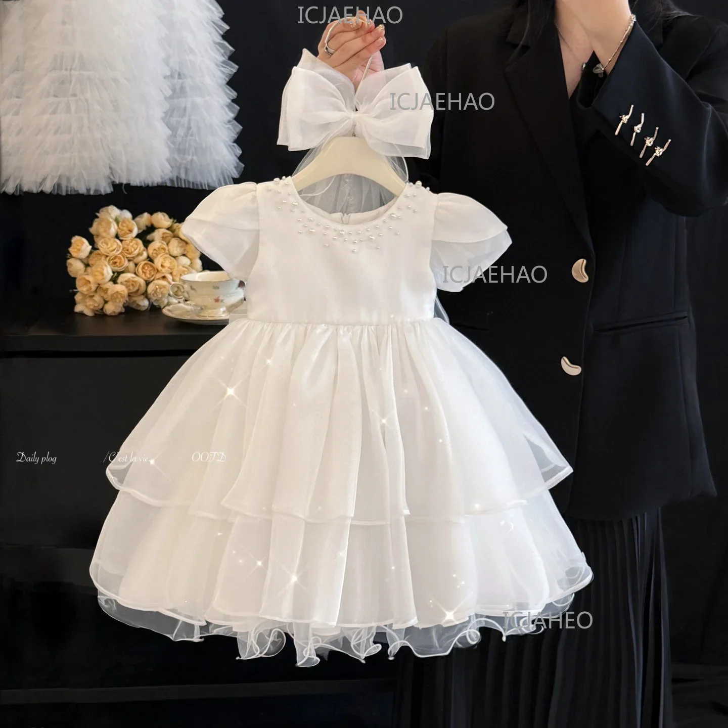 New Children White Cake Tutu Formal Princess Gown Baby Girls First Birthday Party Elegant Simple Flower