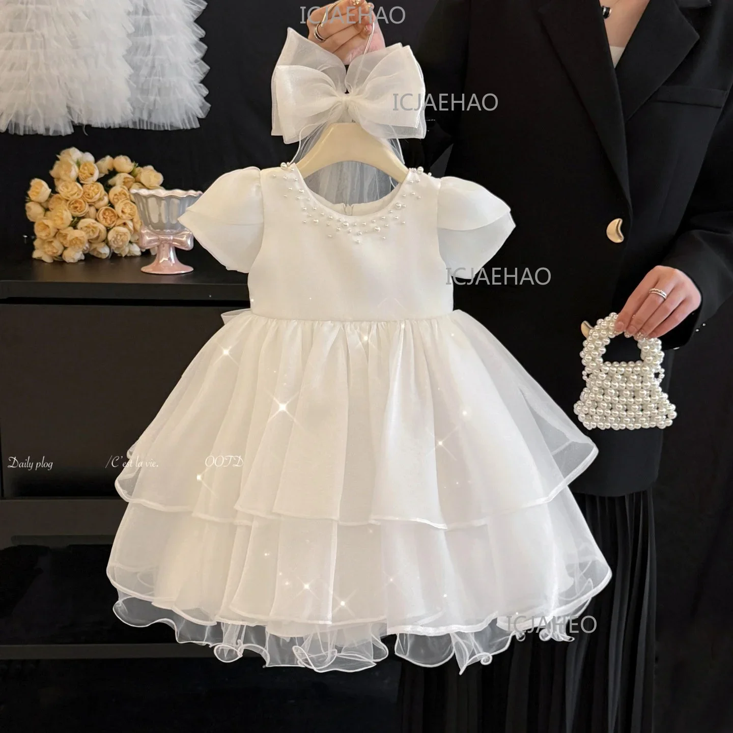 New Children White Cake Tutu Formal Princess Gown Baby Girls First Birthday Party Elegant Simple Flower