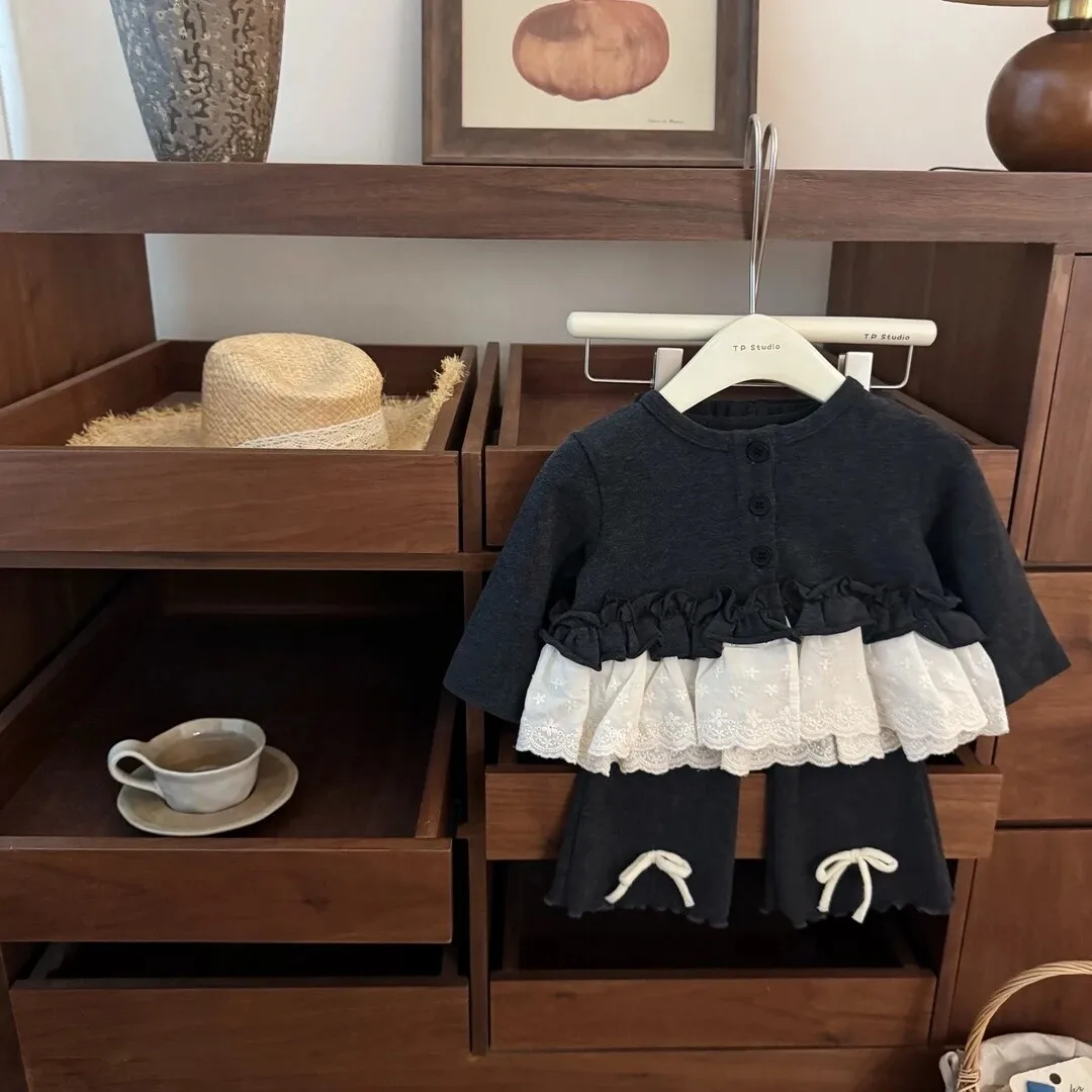 Princess Two-Piece Set for Girls Lace Long-Sleeved T-Shirt And Slightly Flared Pants Outfit with Coat for Autumn Winter Sweet Gi