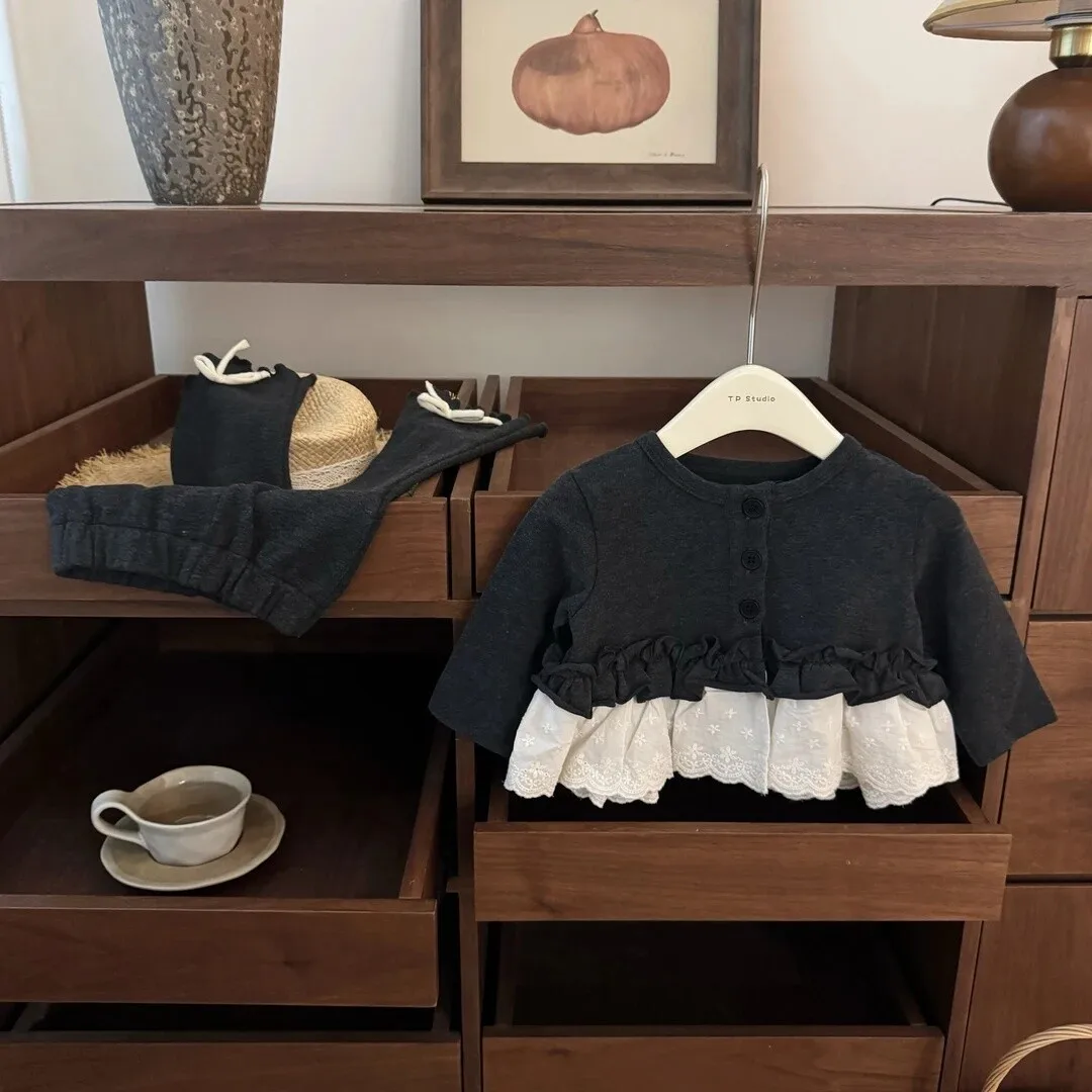 Princess Two-Piece Set for Girls Lace Long-Sleeved T-Shirt And Slightly Flared Pants Outfit with Coat for Autumn Winter Sweet Gi