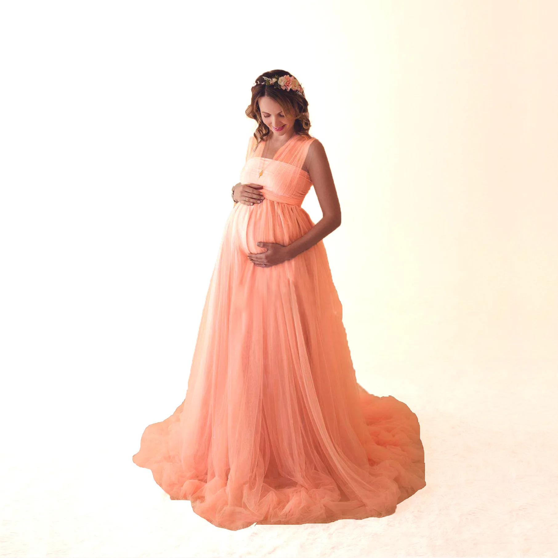 European and American Splicing Mesh Straps Pregnant Women's Floor Mopping Dresses Long Skirts Photography Floor Mopping Dresses
