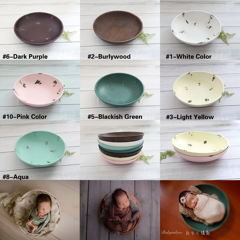 Vintage Wooden Bowl Newborn Photography Props Baby Carved Posing Bowl Photo Props
