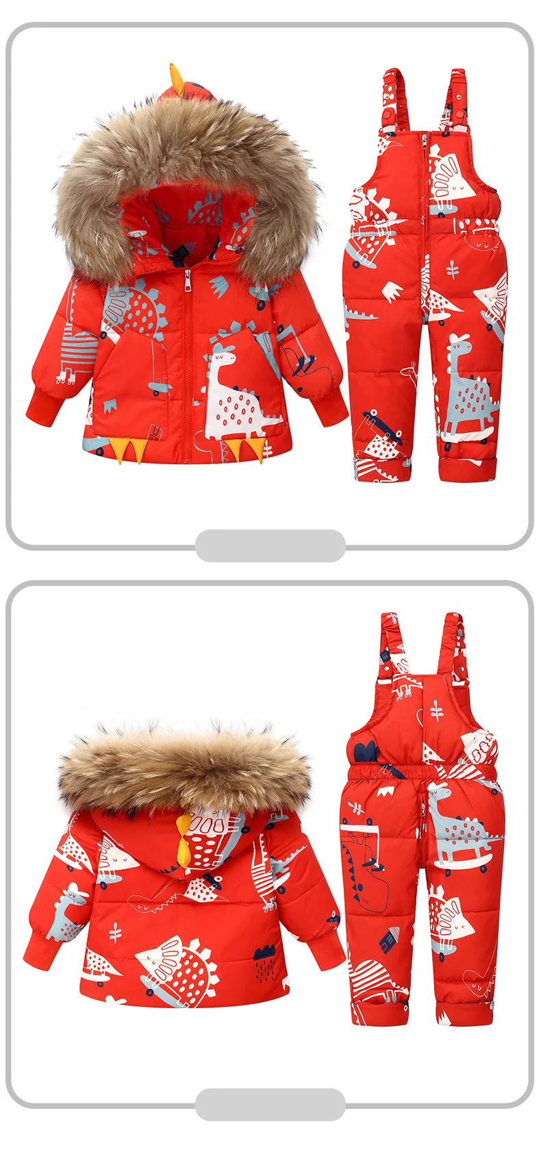 Winter Cartoon Dinosaur Children Clothes Set Real Fur Down Jacket For Girls Baby Boy Jumpsuit Kids Overalls Boys Outerwear Coat