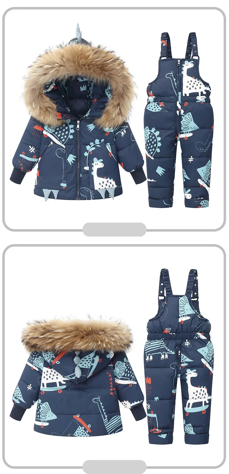 Winter Cartoon Dinosaur Children Clothes Set Real Fur Down Jacket For Girls Baby Boy Jumpsuit Kids Overalls Boys Outerwear Coat