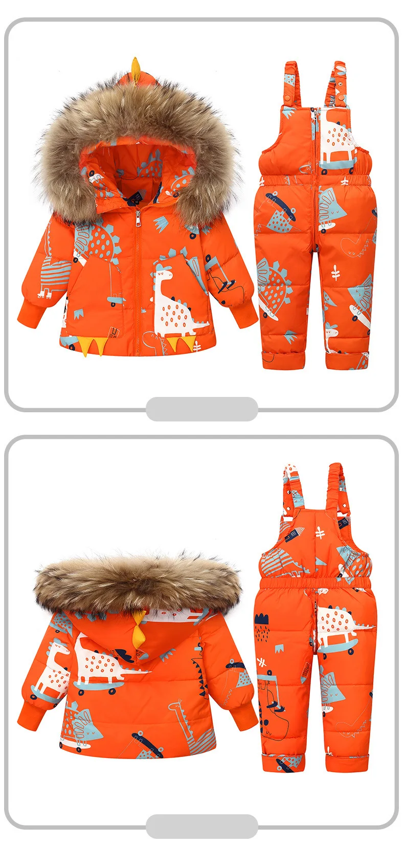Winter Cartoon Dinosaur Children Clothes Set Real Fur Down Jacket For Girls Baby Boy Jumpsuit Kids Overalls Boys Outerwear Coat