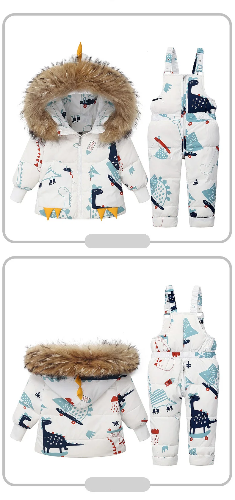 Winter Cartoon Dinosaur Children Clothes Set Real Fur Down Jacket For Girls Baby Boy Jumpsuit Kids Overalls Boys Outerwear Coat