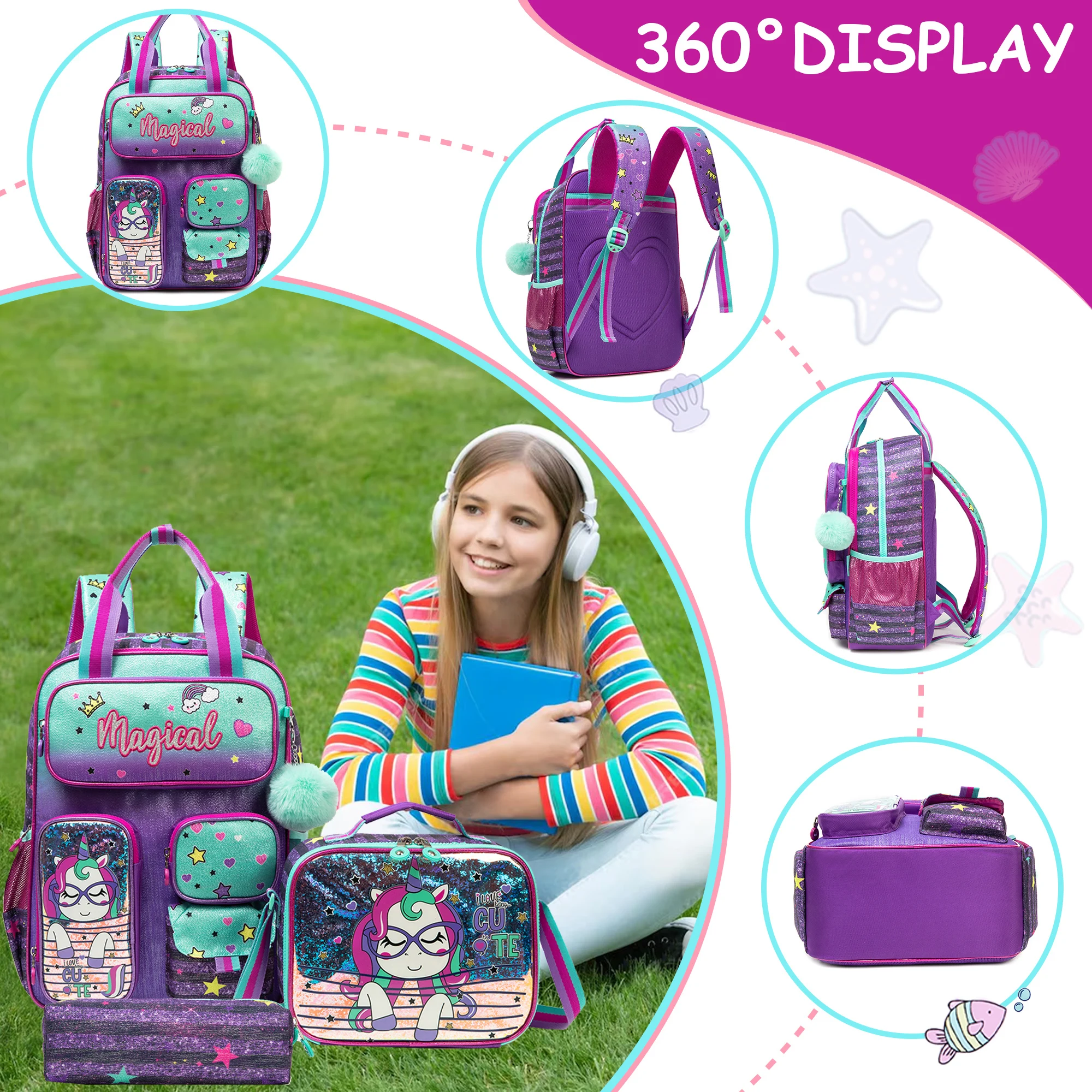 Kids School Backpacks for Girls Backpack with Lunch Bag for Elmentary Students Kids Travel Bookbag for Girls