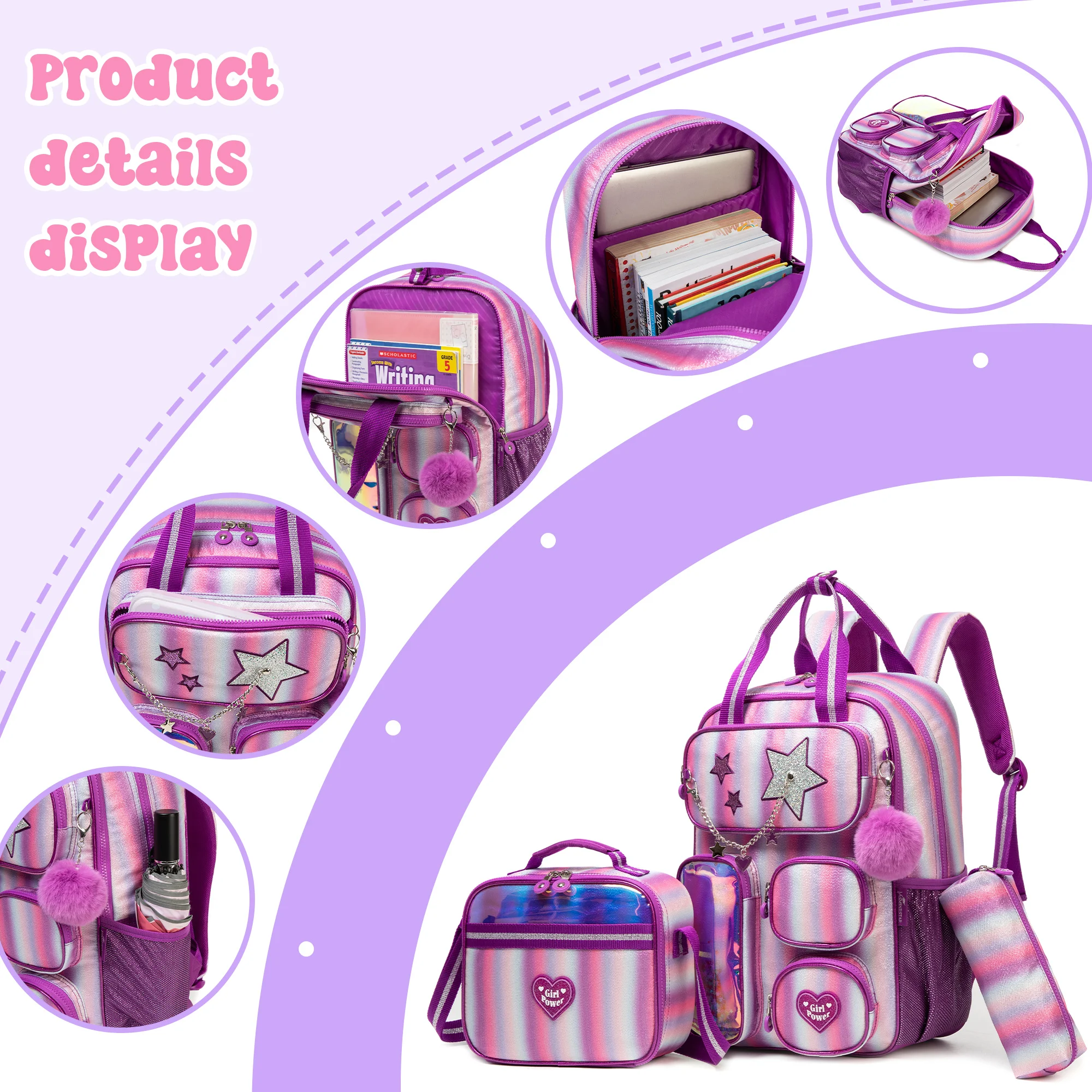 Kids School Backpacks for Girls Backpack with Lunch Bag for Elmentary Students Kids Travel Bookbag for Girls