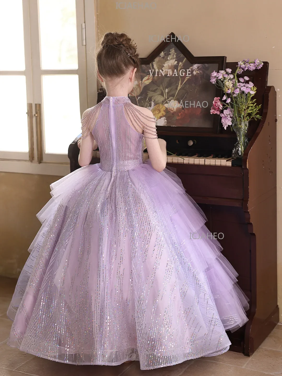 2026 Purple Kids Formal Girls Elegant Host Dress Wedding Flower Girl Evening Costume Princess Gown Children Piano Performance