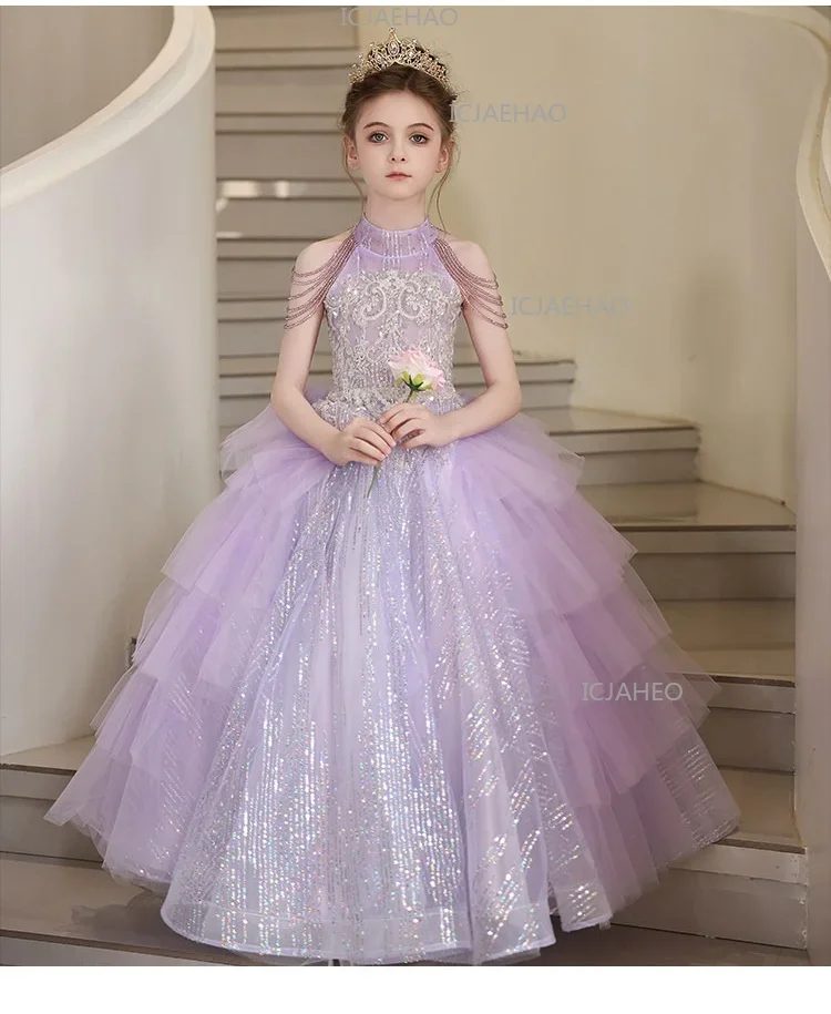 2026 Purple Kids Formal Girls Elegant Host Dress Wedding Flower Girl Evening Costume Princess Gown Children Piano Performance