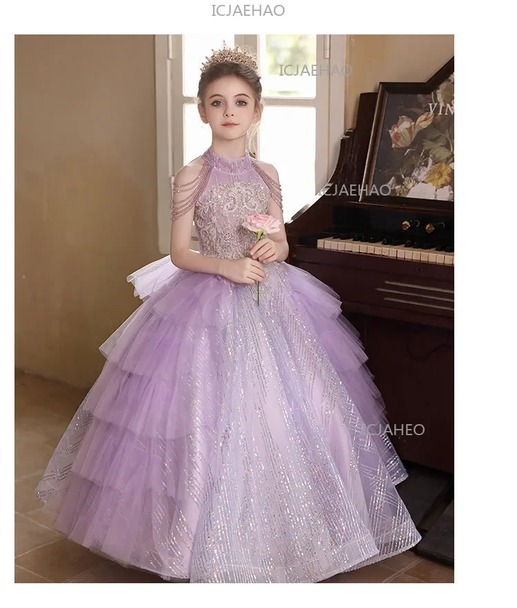 2026 Purple Kids Formal Girls Elegant Host Dress Wedding Flower Girl Evening Costume Princess Gown Children Piano Performance