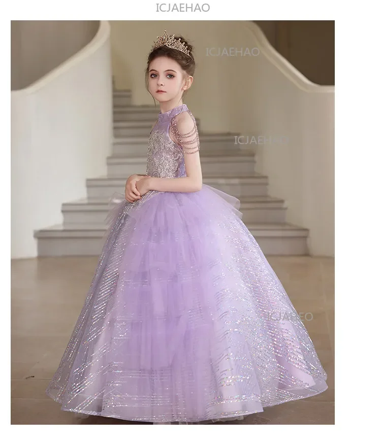 2026 Purple Kids Formal Girls Elegant Host Dress Wedding Flower Girl Evening Costume Princess Gown Children Piano Performance