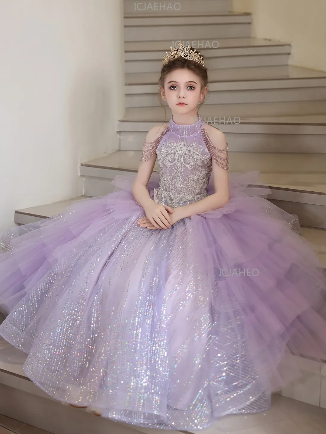 2026 Purple Kids Formal Girls Elegant Host Dress Wedding Flower Girl Evening Costume Princess Gown Children Piano Performance