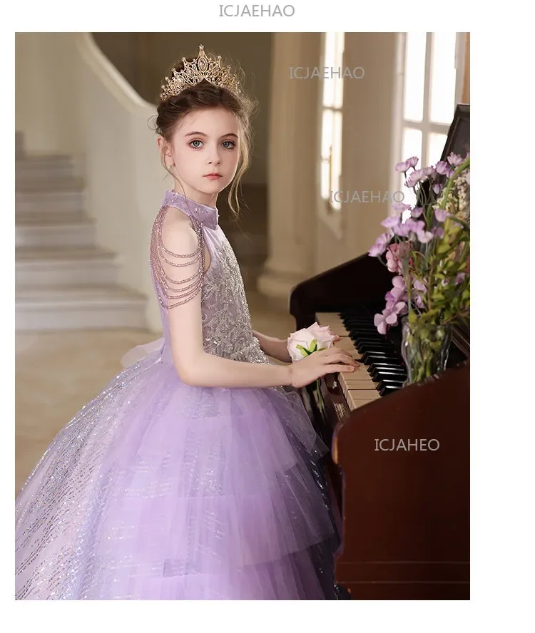 2026 Purple Kids Formal Girls Elegant Host Dress Wedding Flower Girl Evening Costume Princess Gown Children Piano Performance