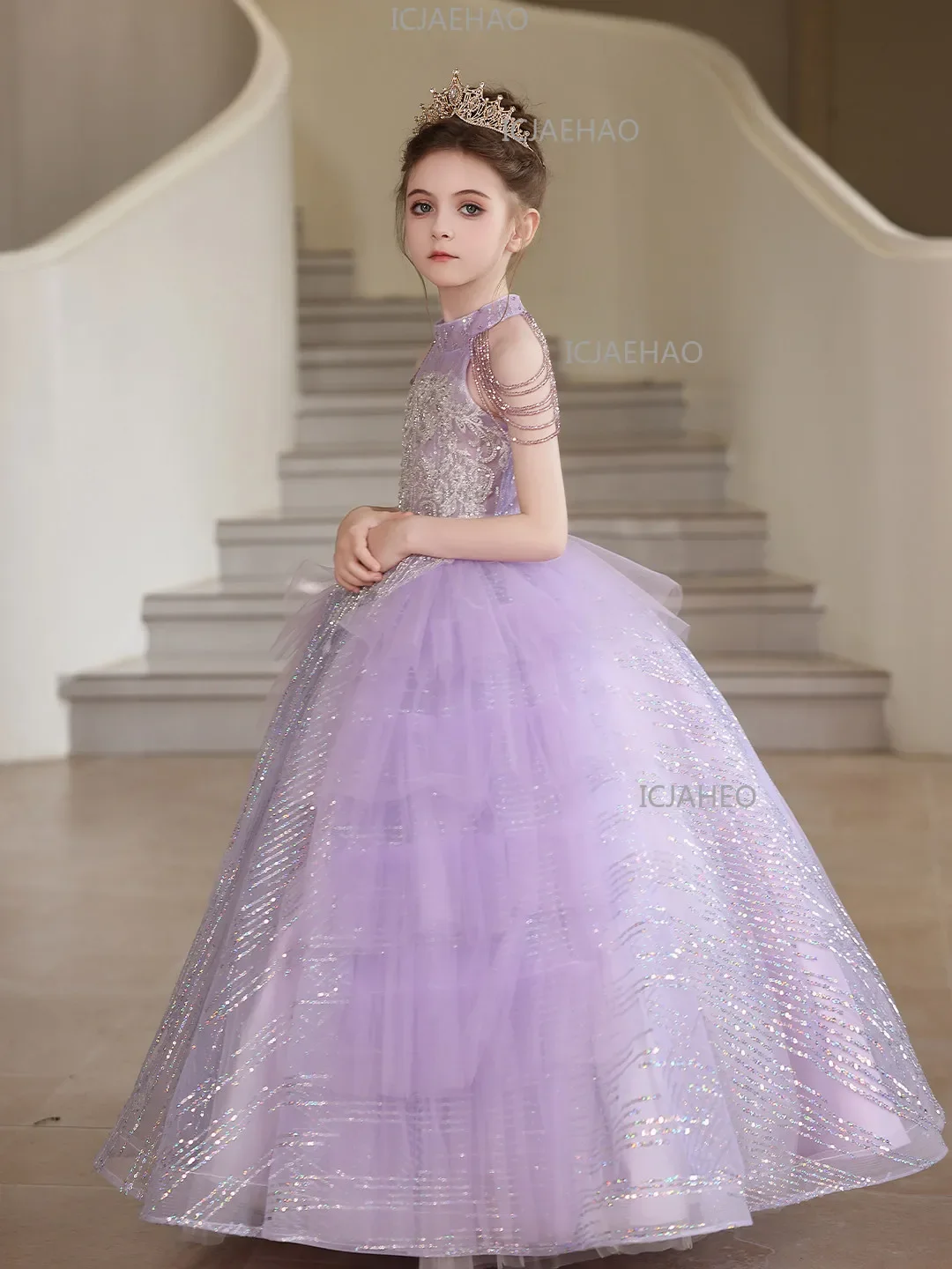 2026 Purple Kids Formal Girls Elegant Host Dress Wedding Flower Girl Evening Costume Princess Gown Children Piano Performance