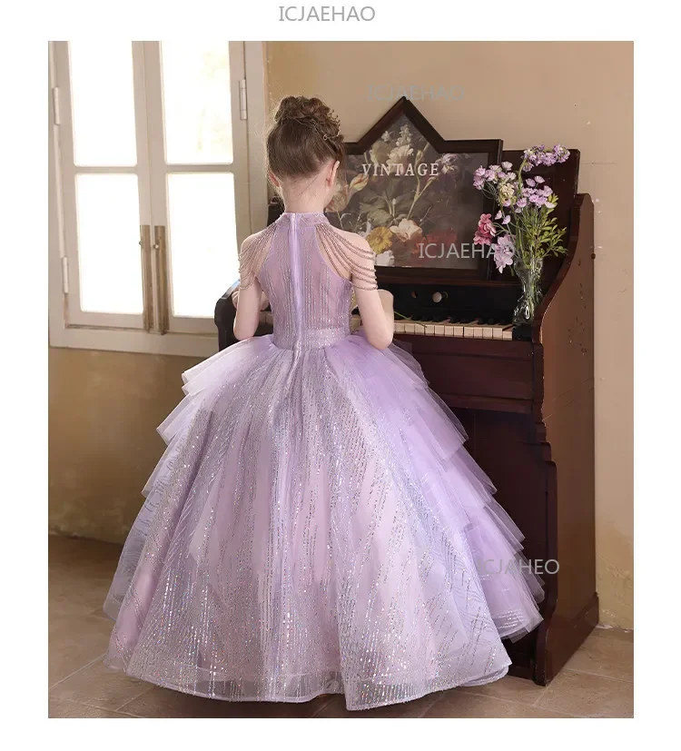 2026 Purple Kids Formal Girls Elegant Host Dress Wedding Flower Girl Evening Costume Princess Gown Children Piano Performance
