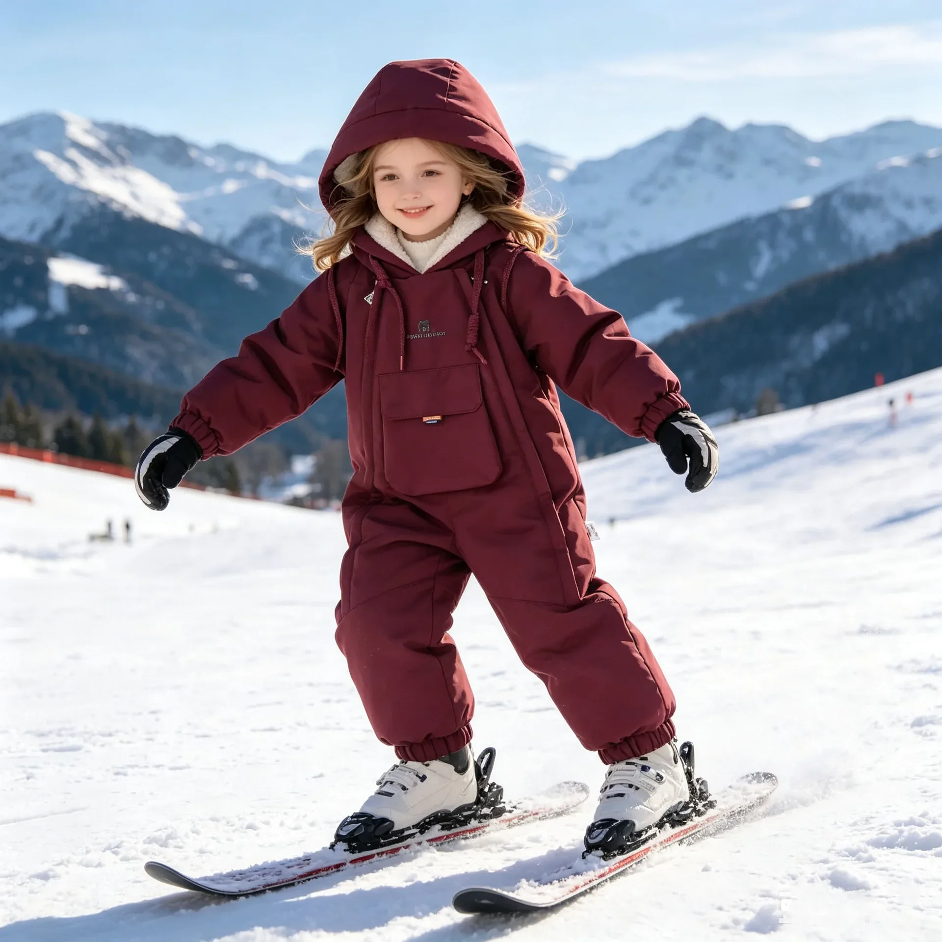 Kids Snowsuit One Piece Ski Suit Windproof Waterproof Hooded Fur Lined Winter Outdoor Jumpsuit for Boys Girls