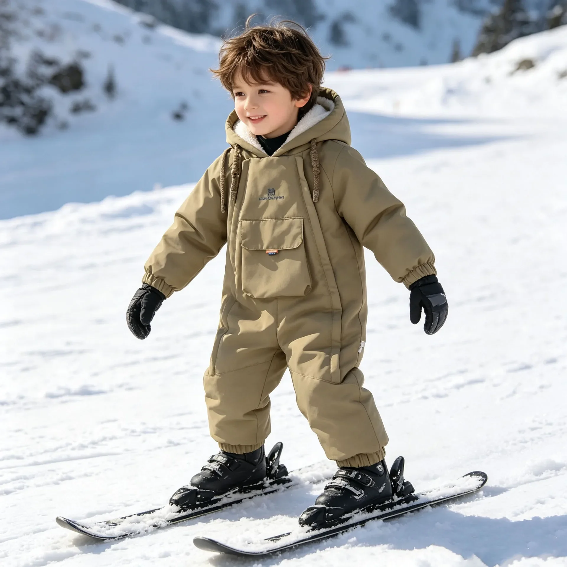 Kids Snowsuit One Piece Ski Suit Windproof Waterproof Hooded Fur Lined Winter Outdoor Jumpsuit for Boys Girls