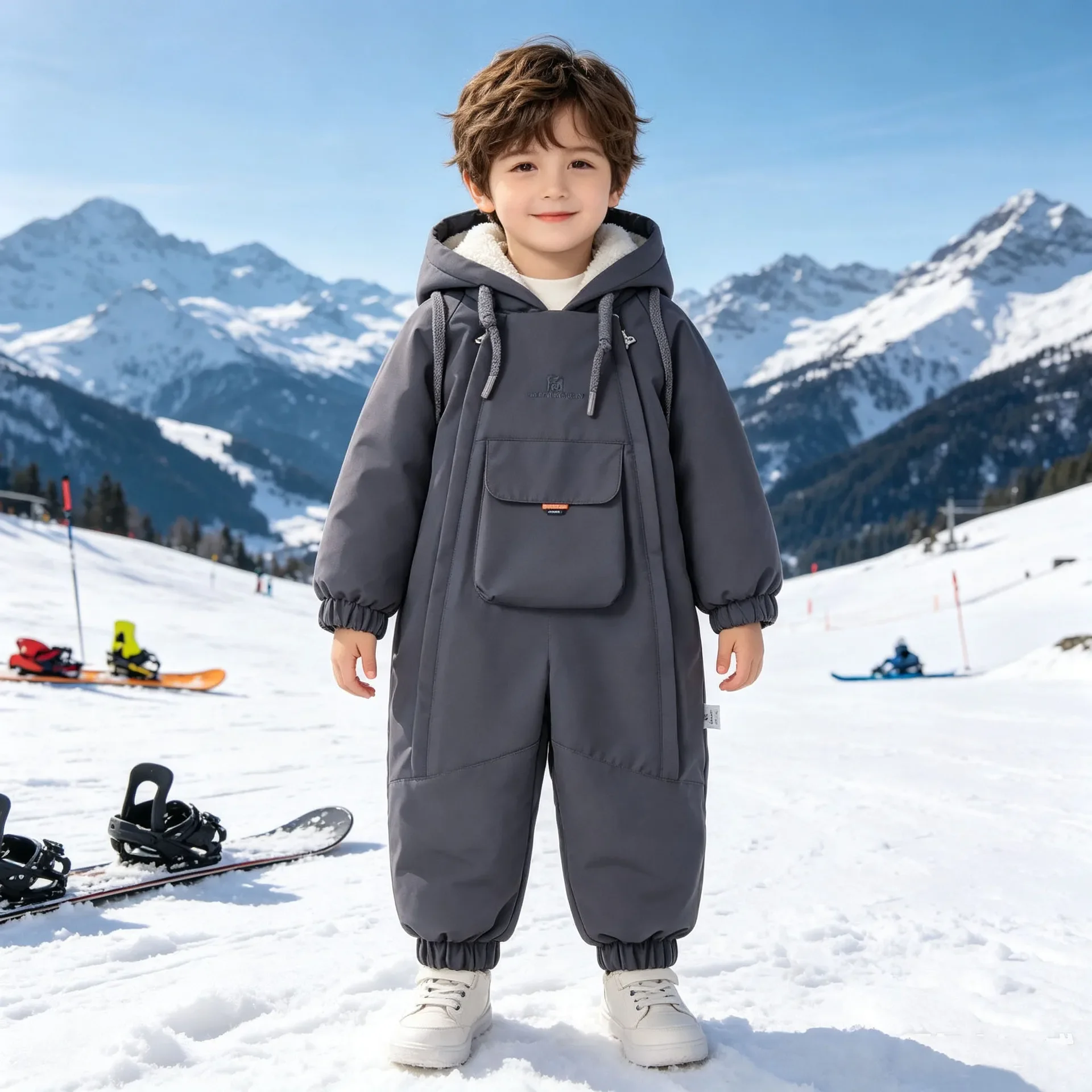 Kids Snowsuit One Piece Ski Suit Windproof Waterproof Hooded Fur Lined Winter Outdoor Jumpsuit for Boys Girls