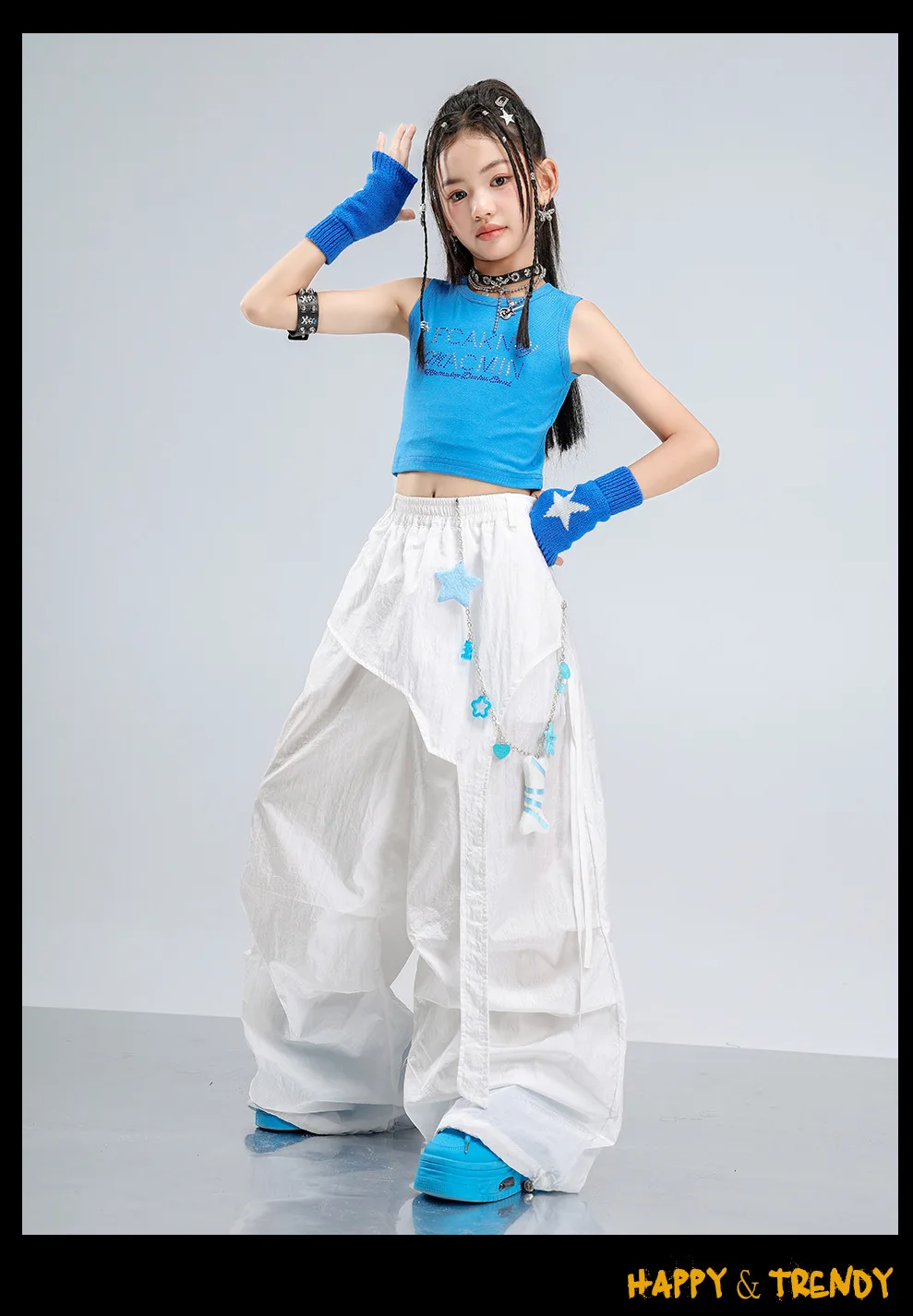 Girls Jazz Hip Hop Dance Clothes Blue Vest White Cargo Pants Summer Kpop Y2K Street Wear Kids Concert Performance Outfit