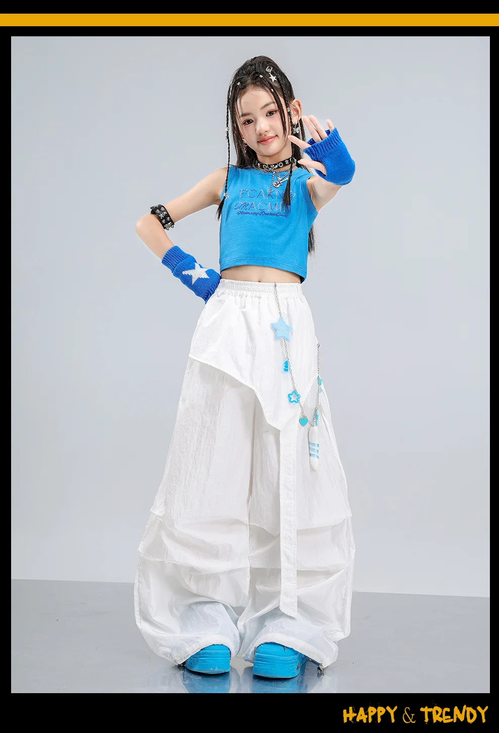 Girls Jazz Hip Hop Dance Clothes Blue Vest White Cargo Pants Summer Kpop Y2K Street Wear Kids Concert Performance Outfit