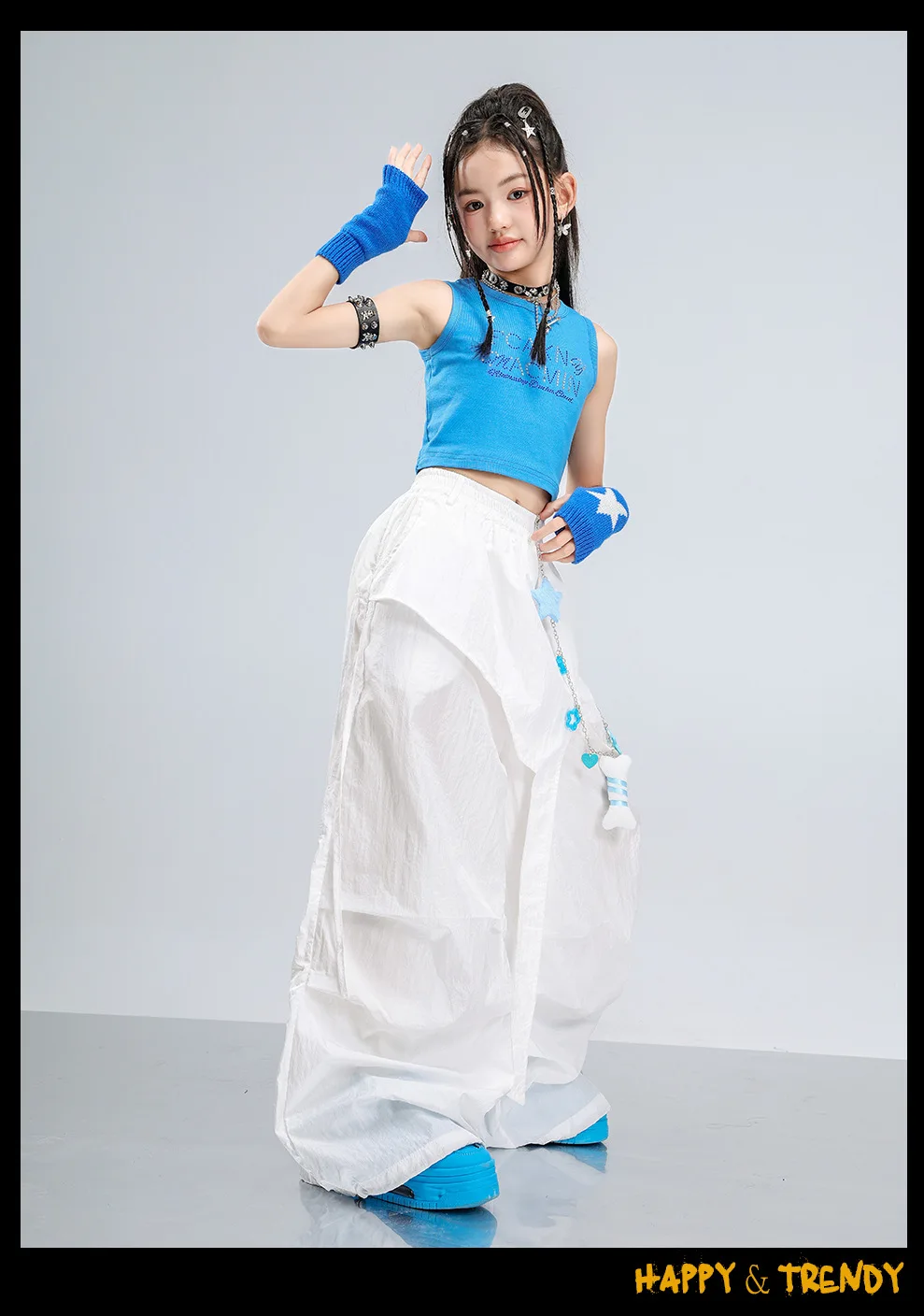 Girls Jazz Hip Hop Dance Clothes Blue Vest White Cargo Pants Summer Kpop Y2K Street Wear Kids Concert Performance Outfit