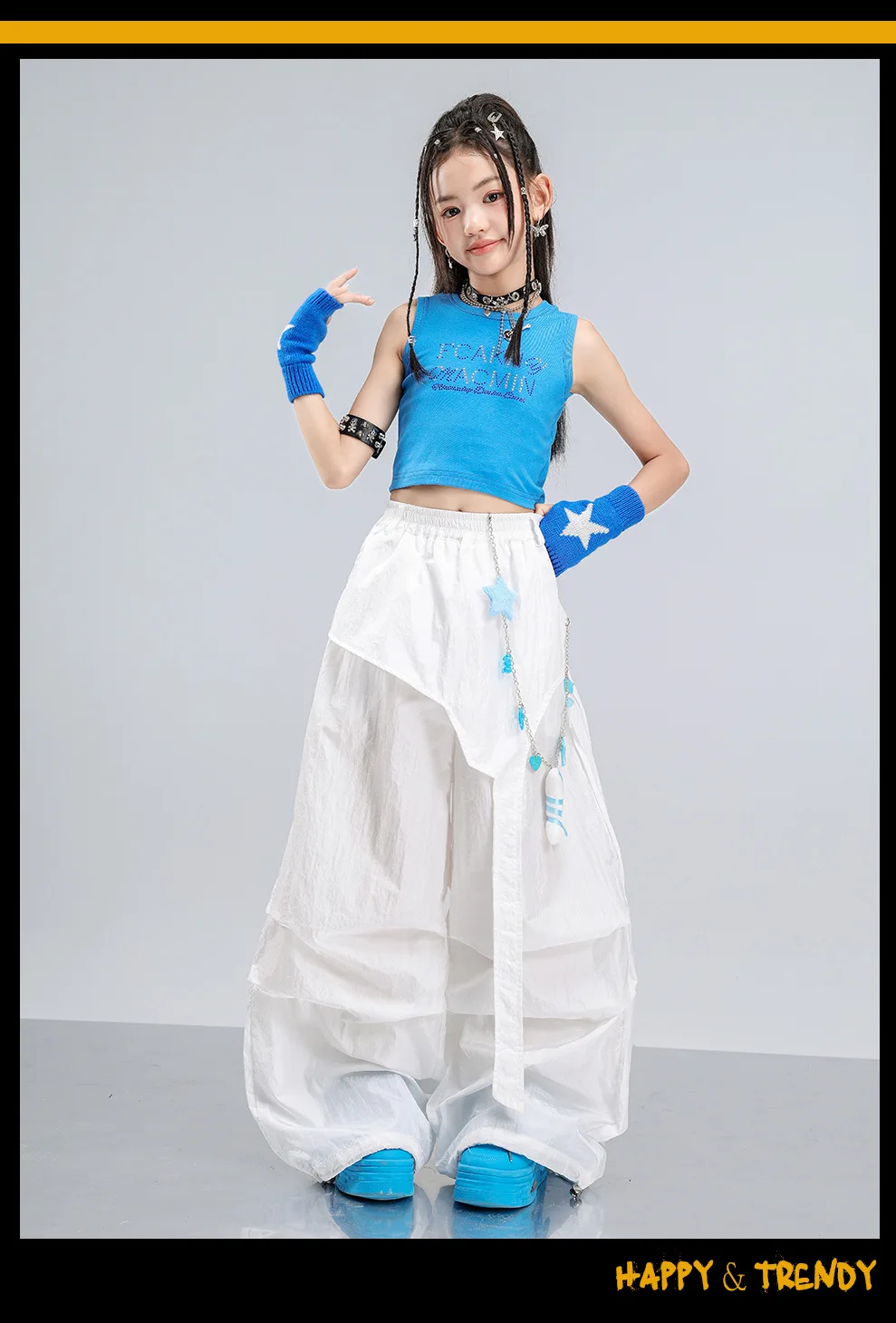 Girls Jazz Hip Hop Dance Clothes Blue Vest White Cargo Pants Summer Kpop Y2K Street Wear Kids Concert Performance Outfit