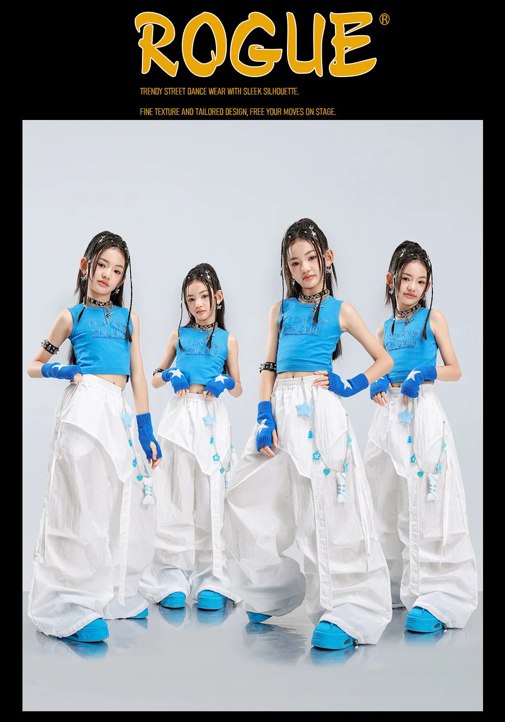 Girls Jazz Hip Hop Dance Clothes Blue Vest White Cargo Pants Summer Kpop Y2K Street Wear Kids Concert Performance Outfit