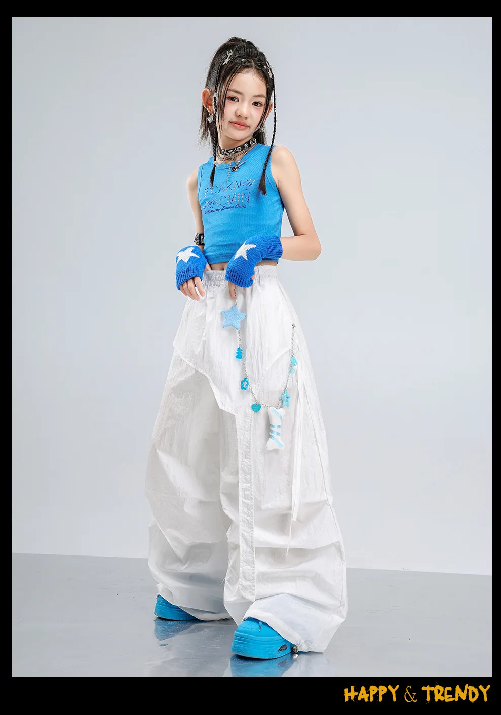 Girls Jazz Hip Hop Dance Clothes Blue Vest White Cargo Pants Summer Kpop Y2K Street Wear Kids Concert Performance Outfit
