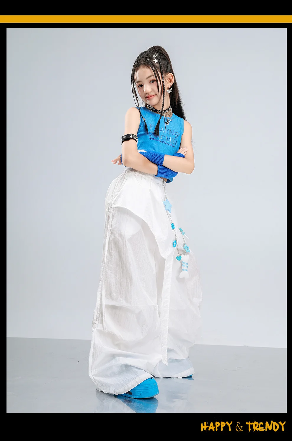 Girls Jazz Hip Hop Dance Clothes Blue Vest White Cargo Pants Summer Kpop Y2K Street Wear Kids Concert Performance Outfit